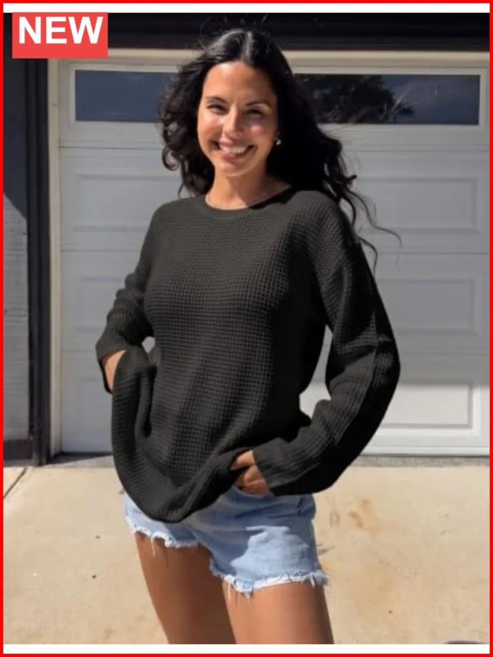 Waffle Knit Womens Sweater Long Sleeve Crew Neck Loose Pullover